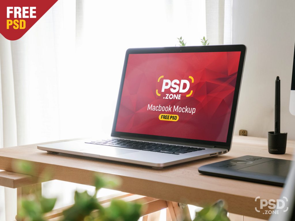 Download Macbook Pro on Wooden Table Mockup PSD - PSD Zone