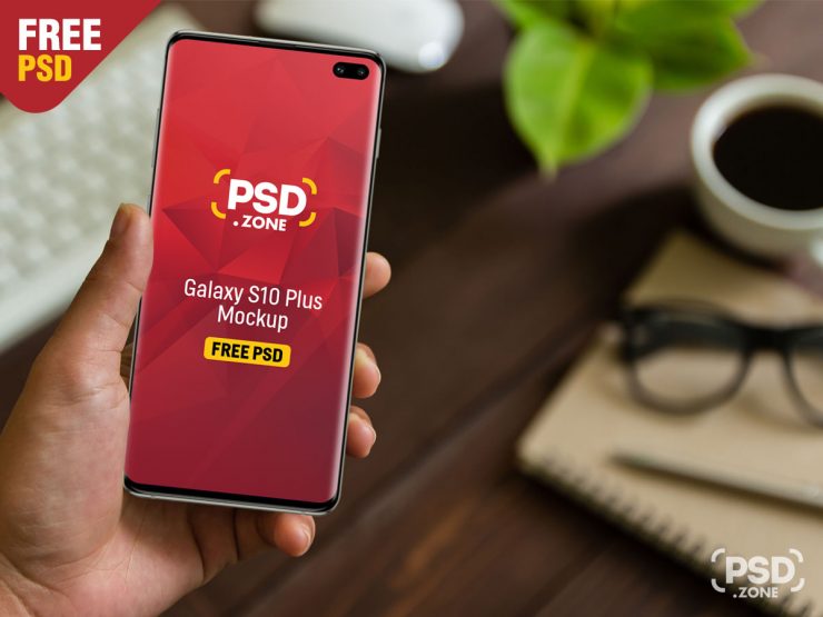 Galaxy S10 Plus in Hand Mockup PSD