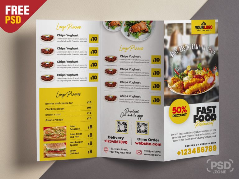 Restaurant Food Menu Tri Fold Brochure PSD - PSD Zone