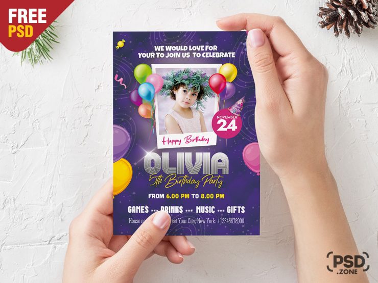 5x7 Birthday Party Invitation Card PSD