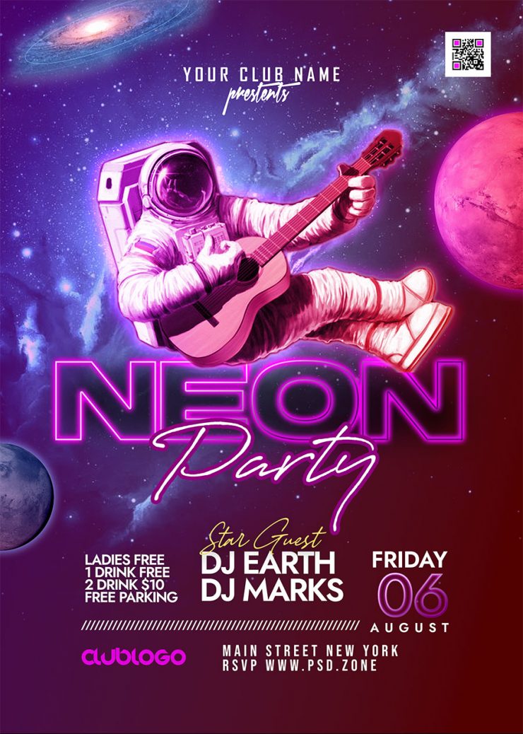 Neon Space Theme Party Flyer PSD - PSD Zone