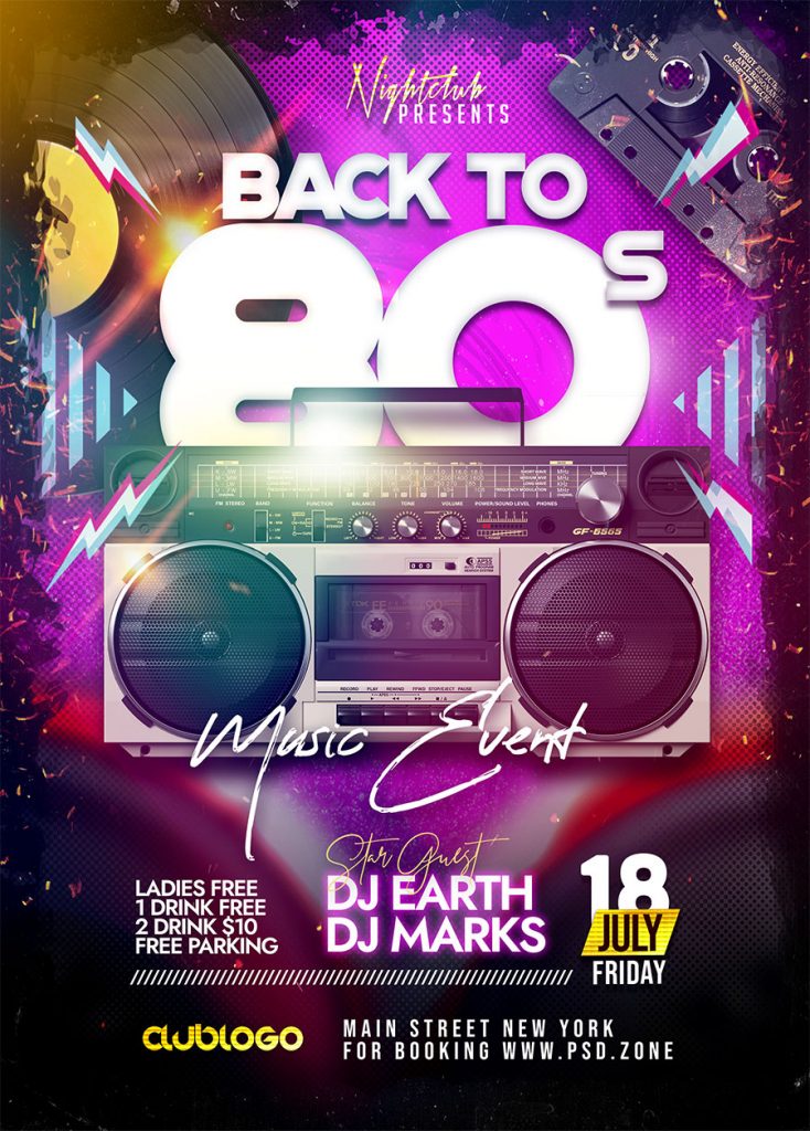 Back to 80s Music Event Party Flyer PSD
