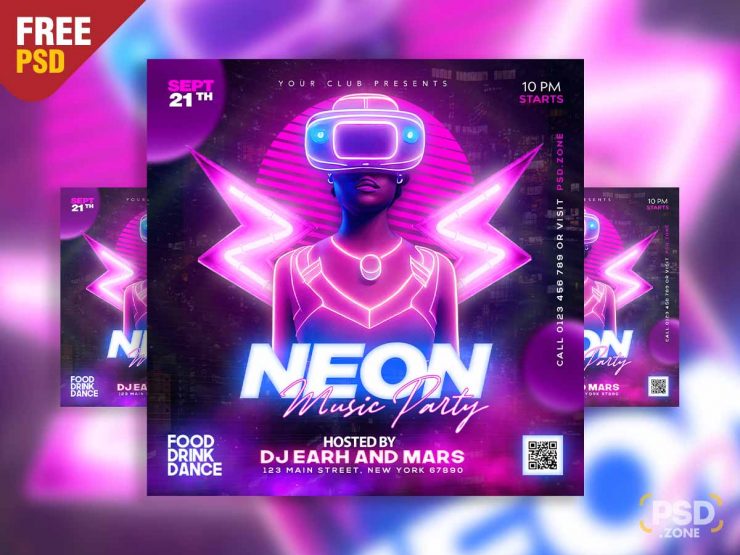 Neon Music Party Social Media Post PSD