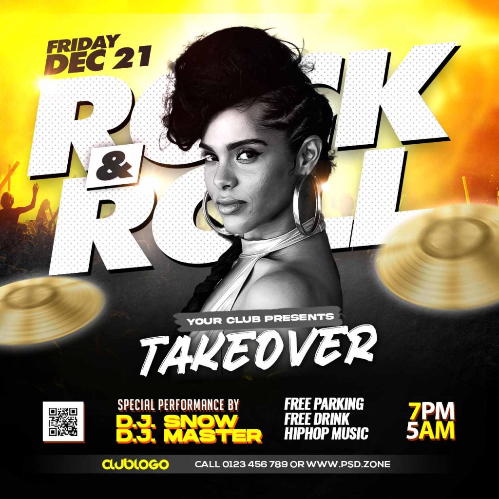 Rock and roll takeover party social media post PSD