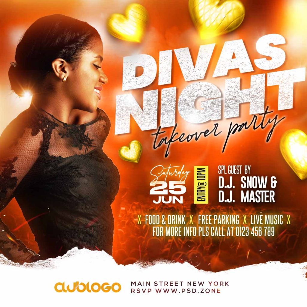 Divas night takeover party social media post PSD