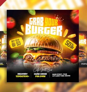 Grab your burger restaurant social media post PSD