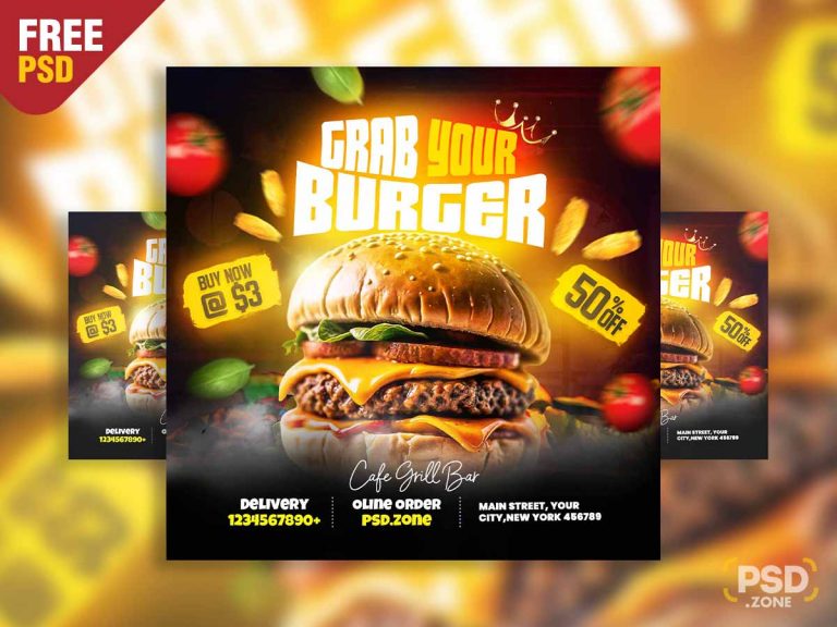 Grab your burger restaurant social media post PSD - PSD Zone