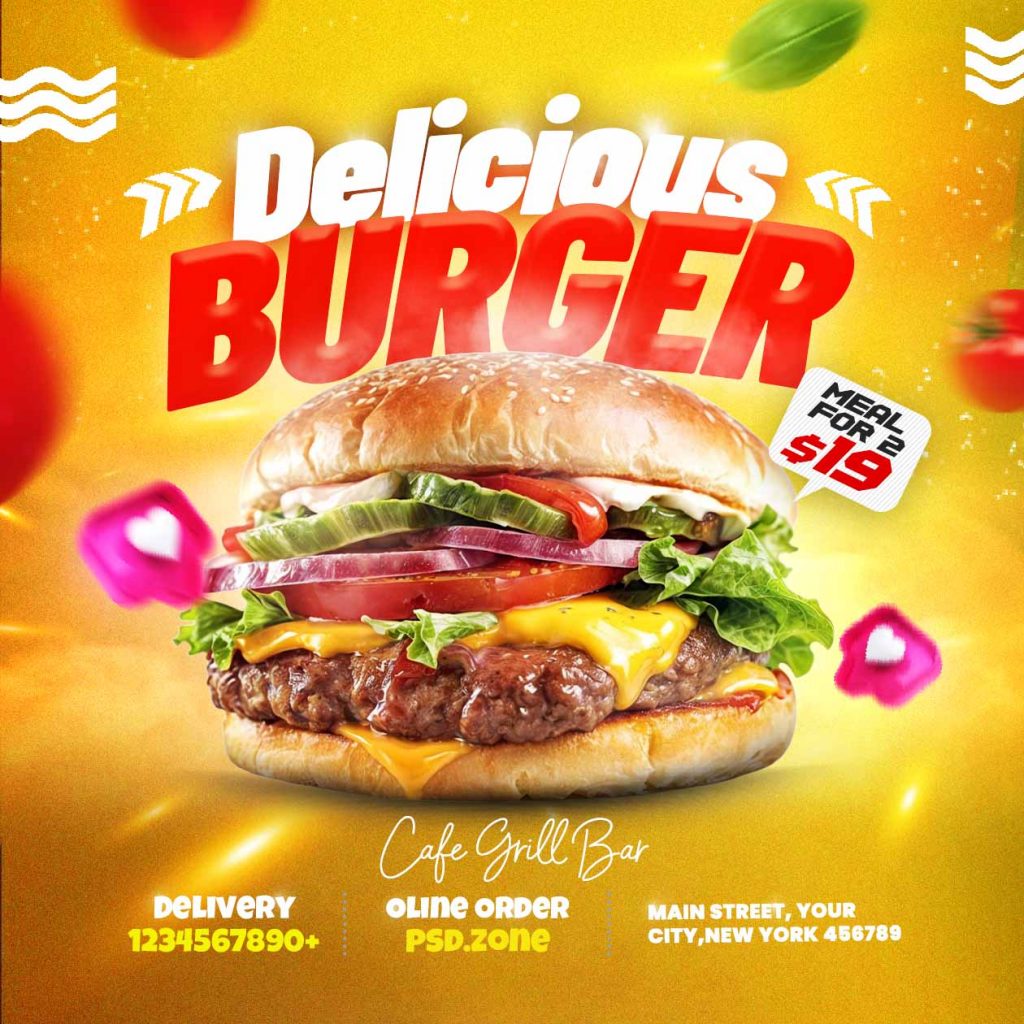 Delicious burger restaurant social media post PSD