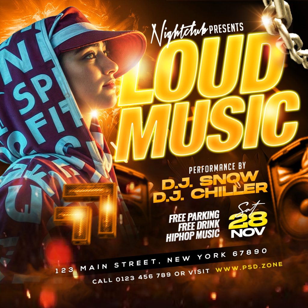 Loud music party social media post PSD